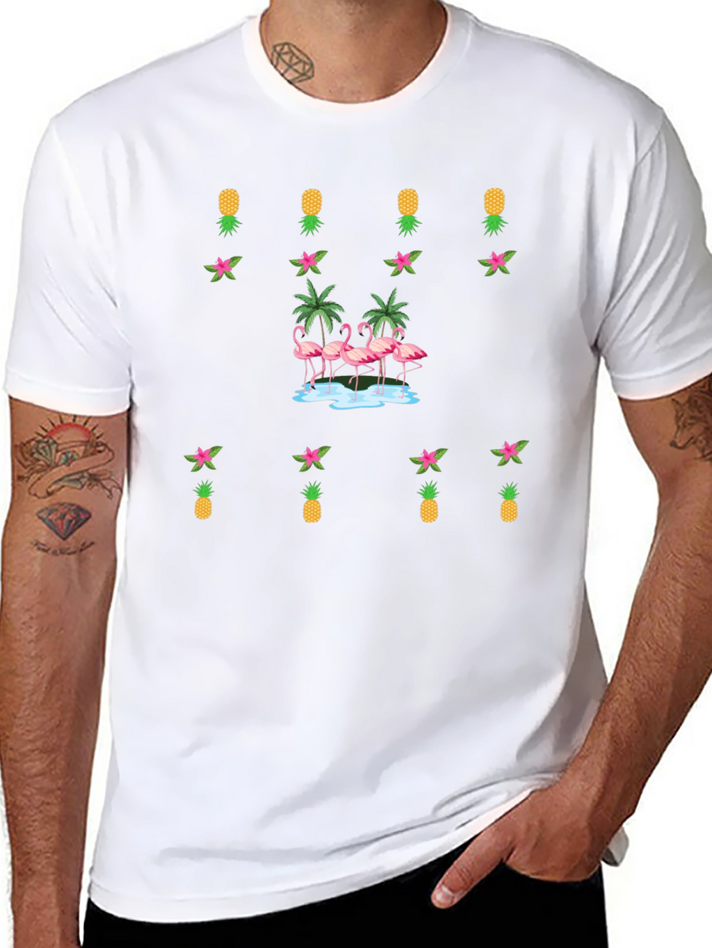 Tropical Flamingo & Pineapple Black T-Shirt