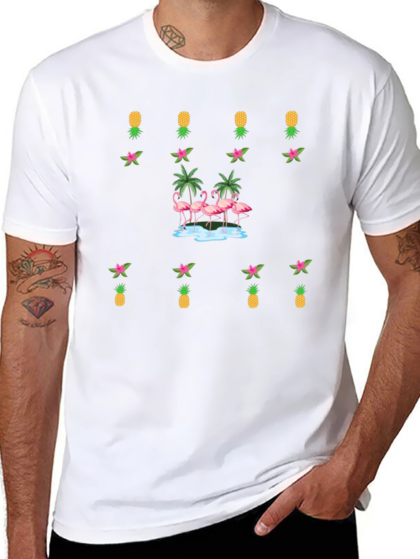 Tropical Flamingo & Pineapple Black T-Shirt