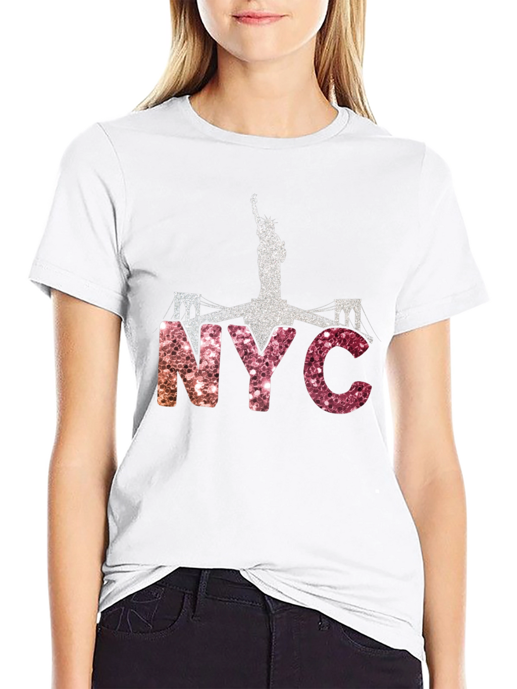 NYC Statue of Liberty Glitter Graphic T-Shirt