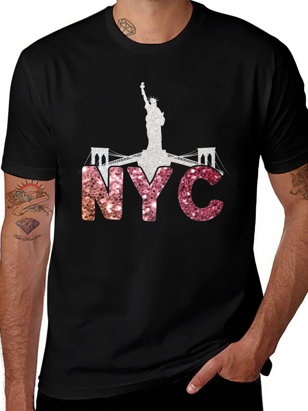 NYC Statue of Liberty Glitter Graphic T-Shirt