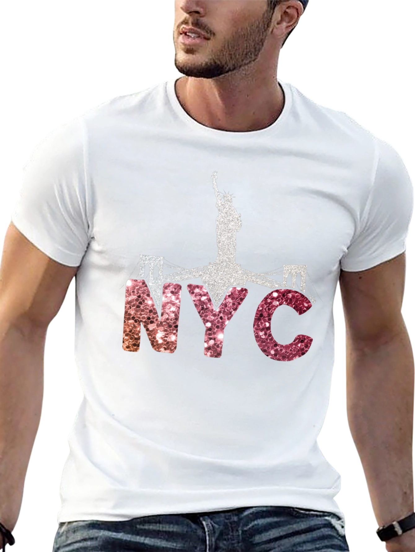 NYC Statue of Liberty Glitter Graphic T-Shirt