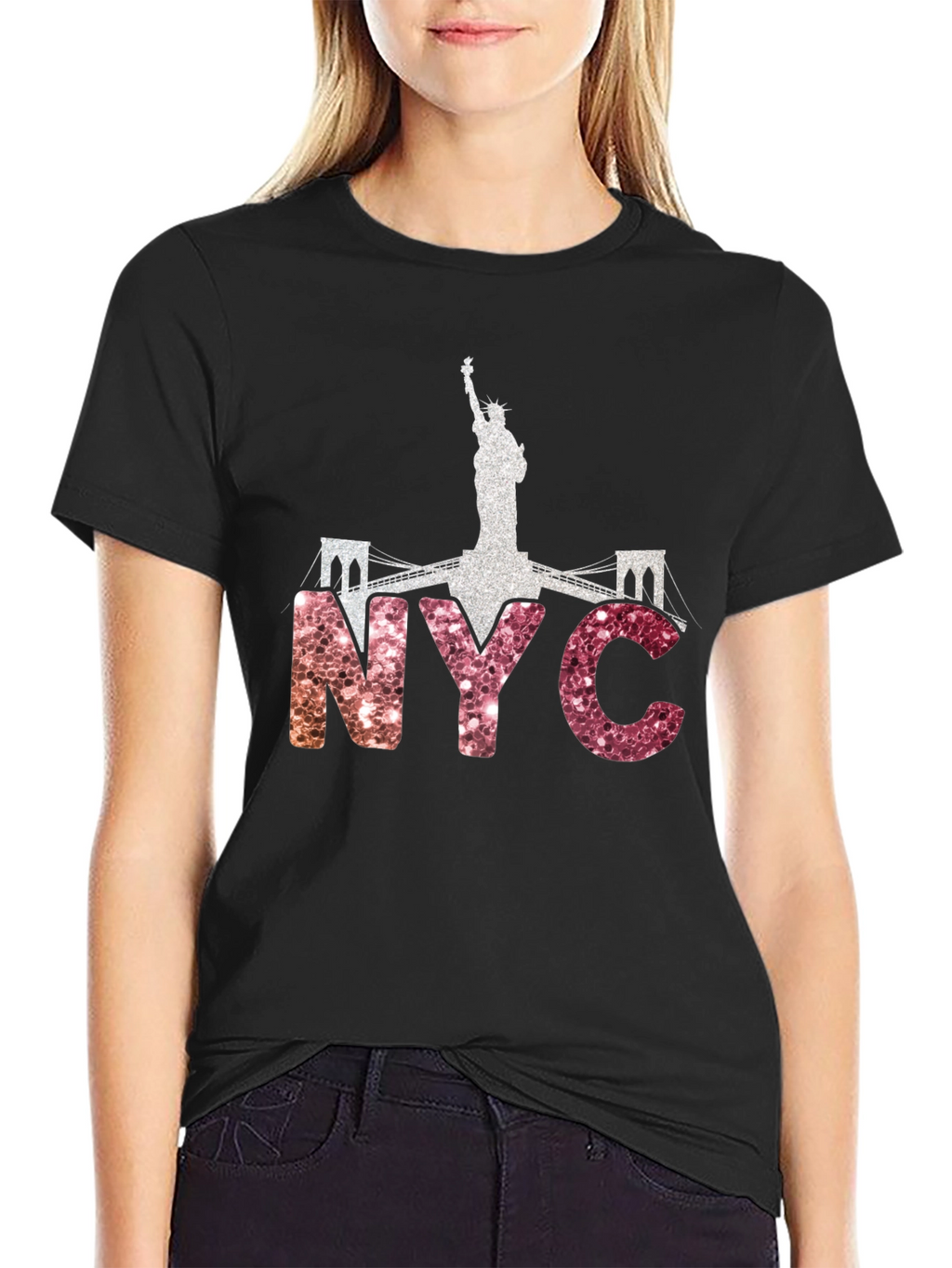 NYC Statue of Liberty Glitter Graphic T-Shirt
