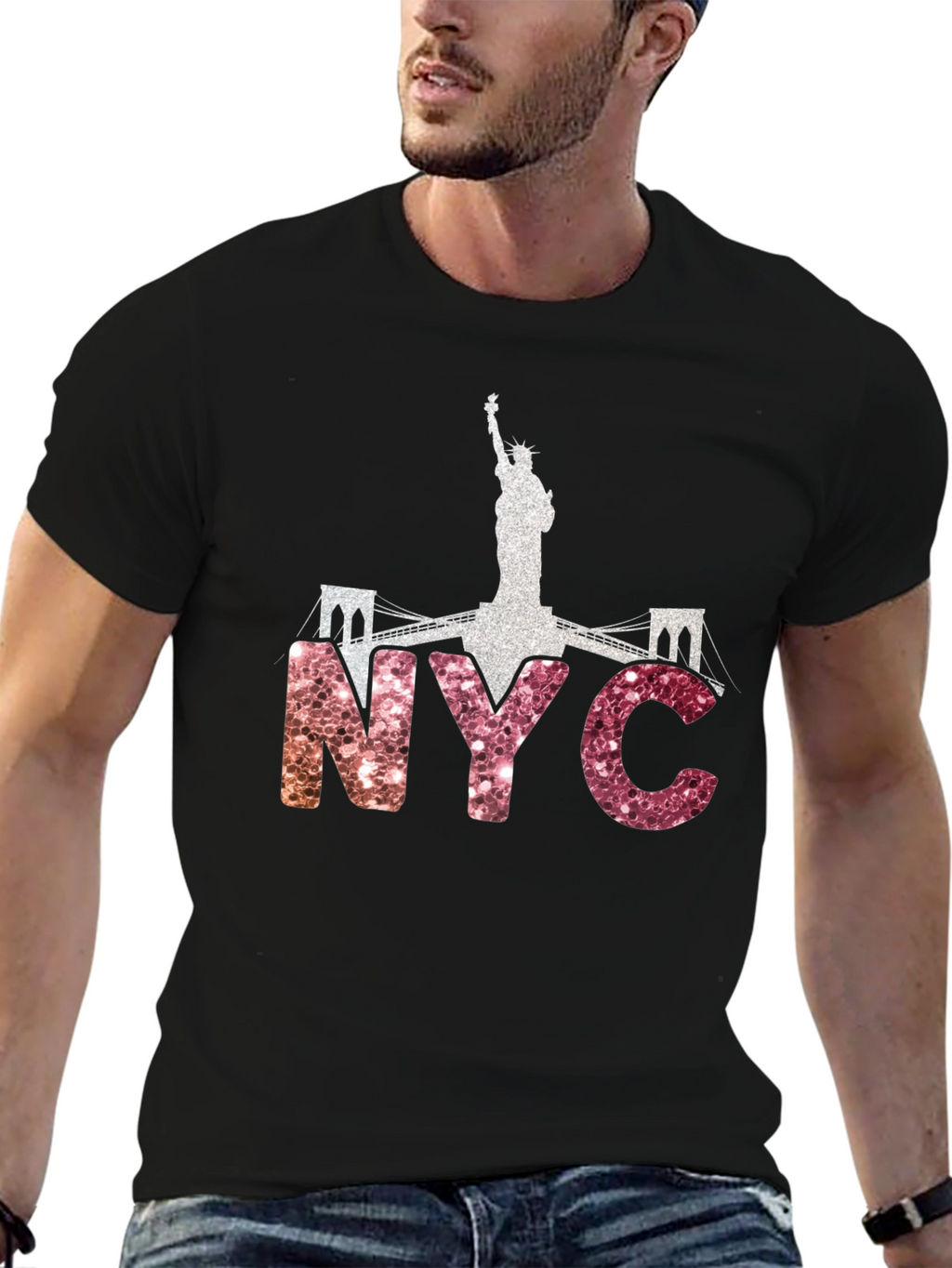 NYC Statue of Liberty Glitter Graphic T-Shirt