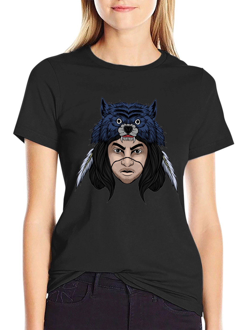 Wolf Headdress Graphic T-Shirt - Mens Black Tee
