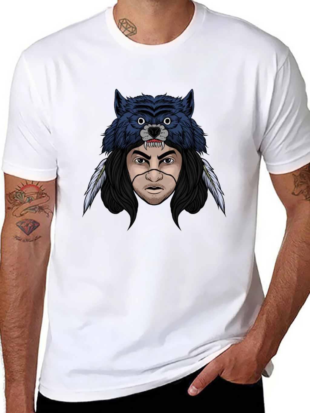 Wolf Headdress Graphic T-Shirt - Mens Black Tee