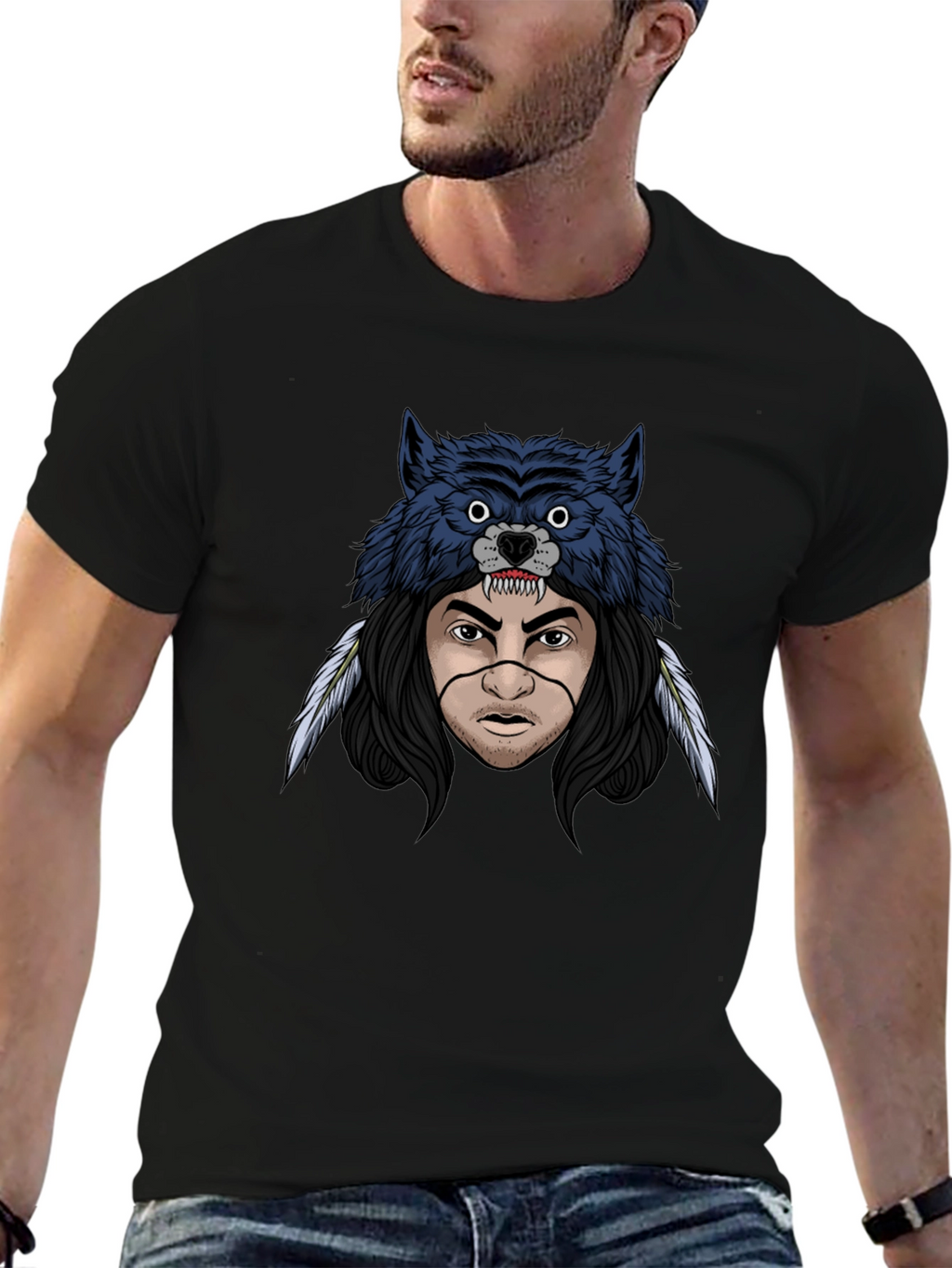 Wolf Headdress Graphic T-Shirt - Mens Black Tee