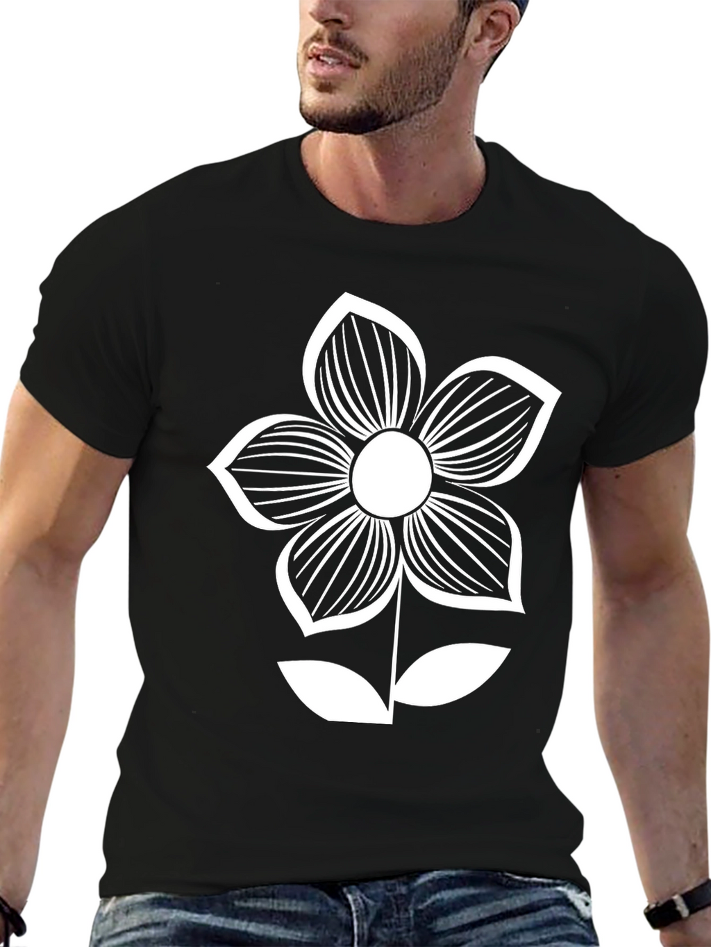 Black T-Shirt with White Flower Graphic