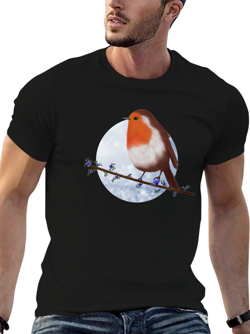 Robin Bird on Branch Graphic Tee - Black