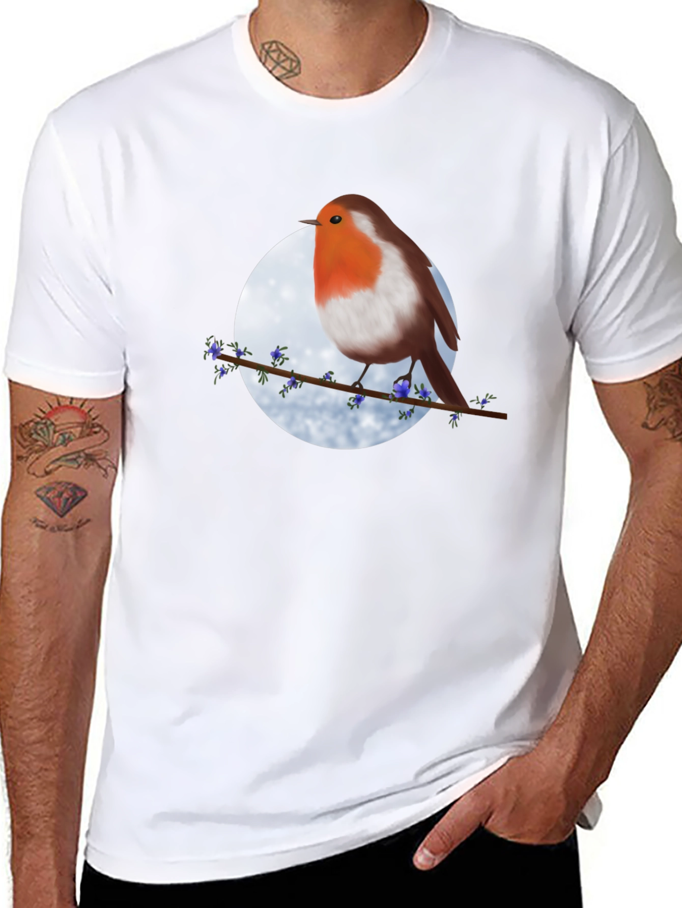 Robin Bird on Branch Graphic Tee - Black