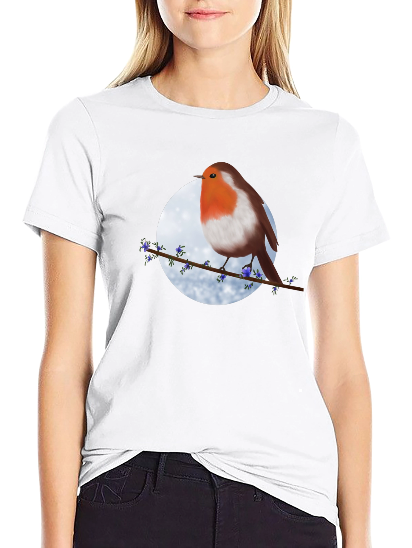 Robin Bird on Branch Graphic Tee - Black