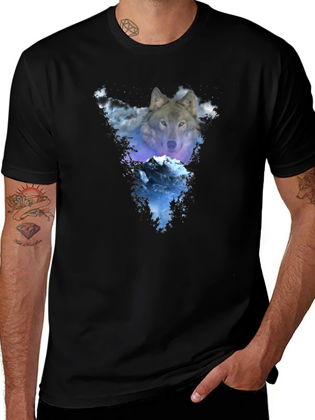 Wolf & Mountain Graphic Black T-Shirt