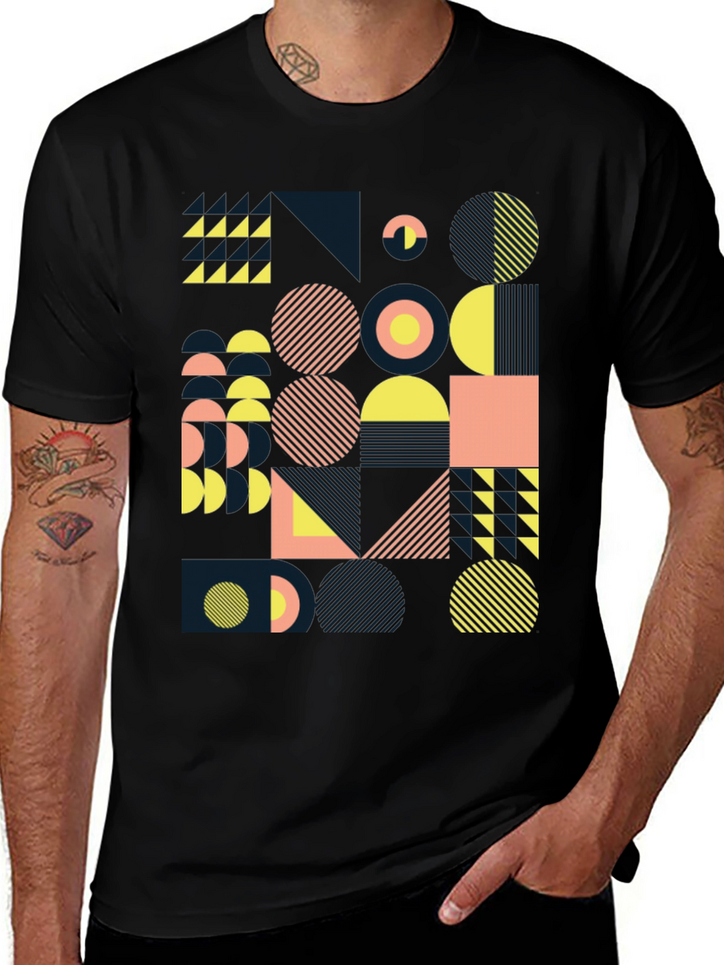 Geometric Pattern Black Tee - Modern Art Design