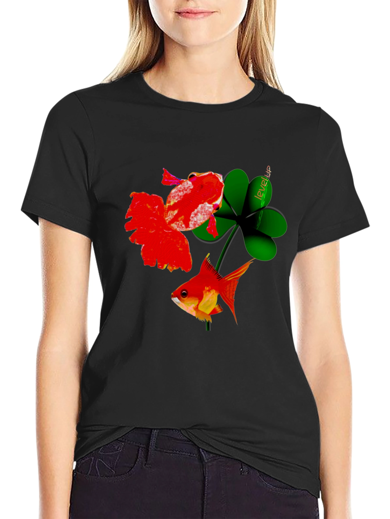 Lucky Goldfish Graphic Tee - Black Cotton T-Shirt