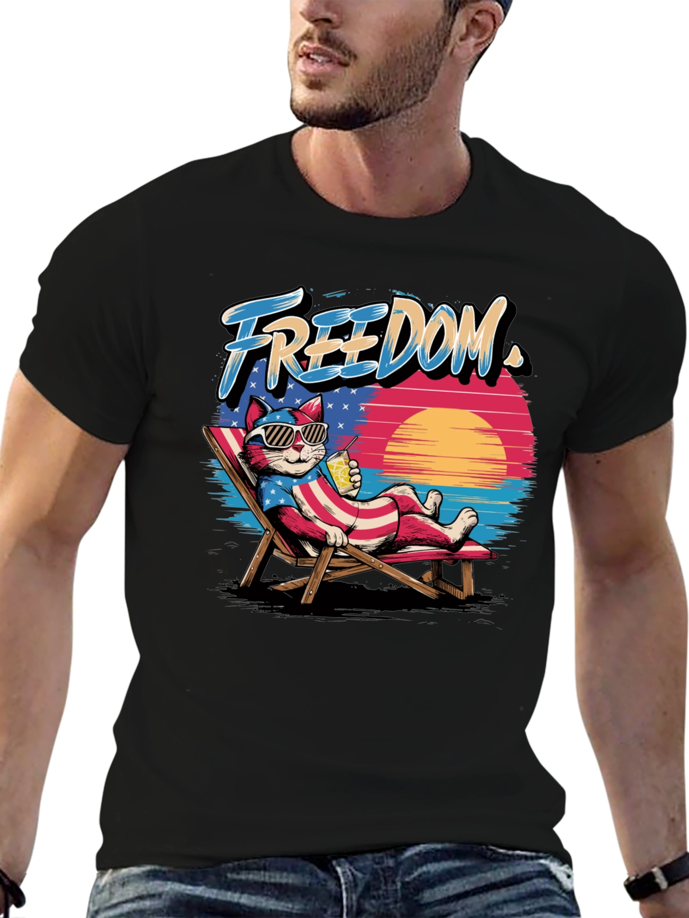 Freedom Cat T-Shirt: Patriotic Beach Vibes