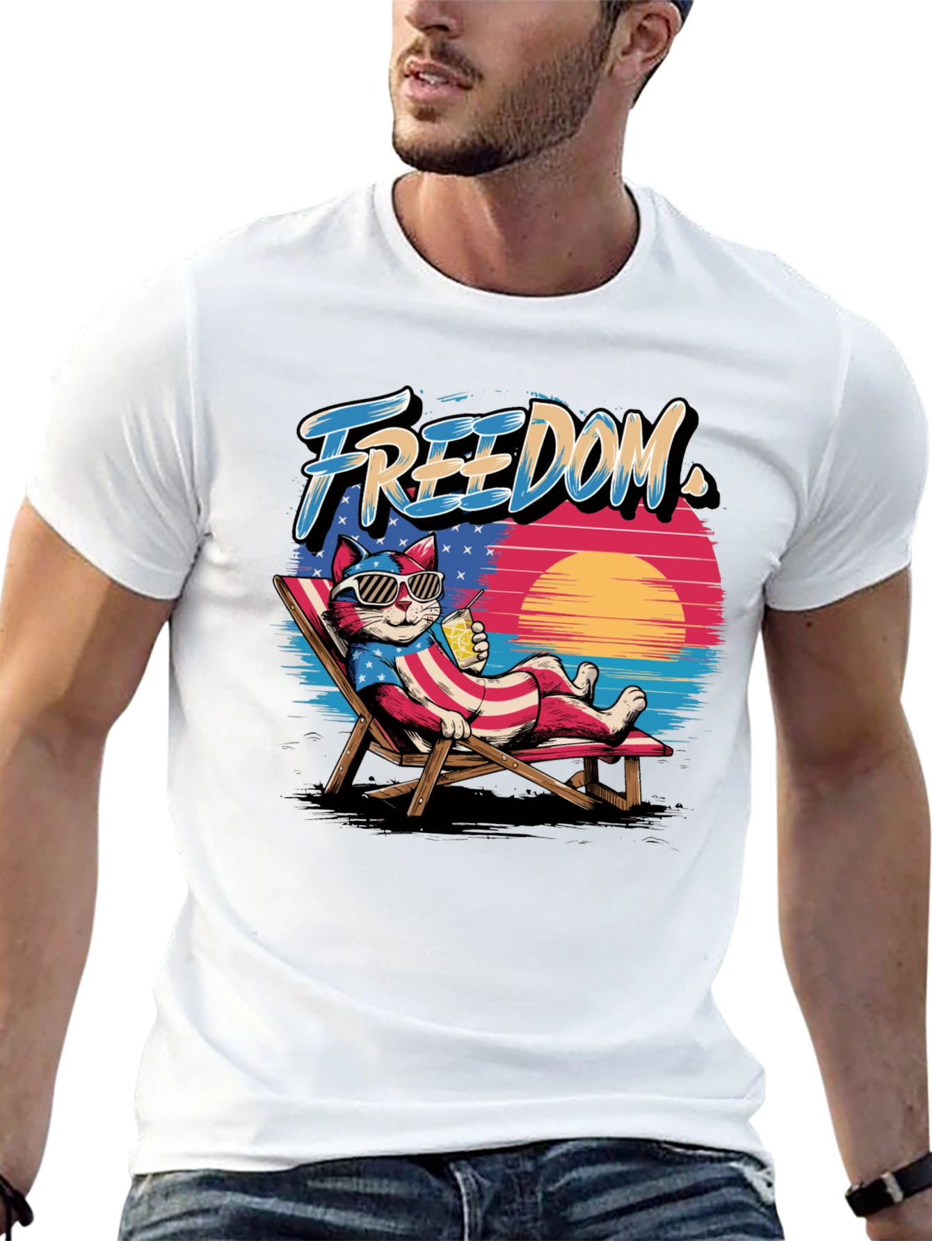 Freedom Cat T-Shirt: Patriotic Beach Vibes