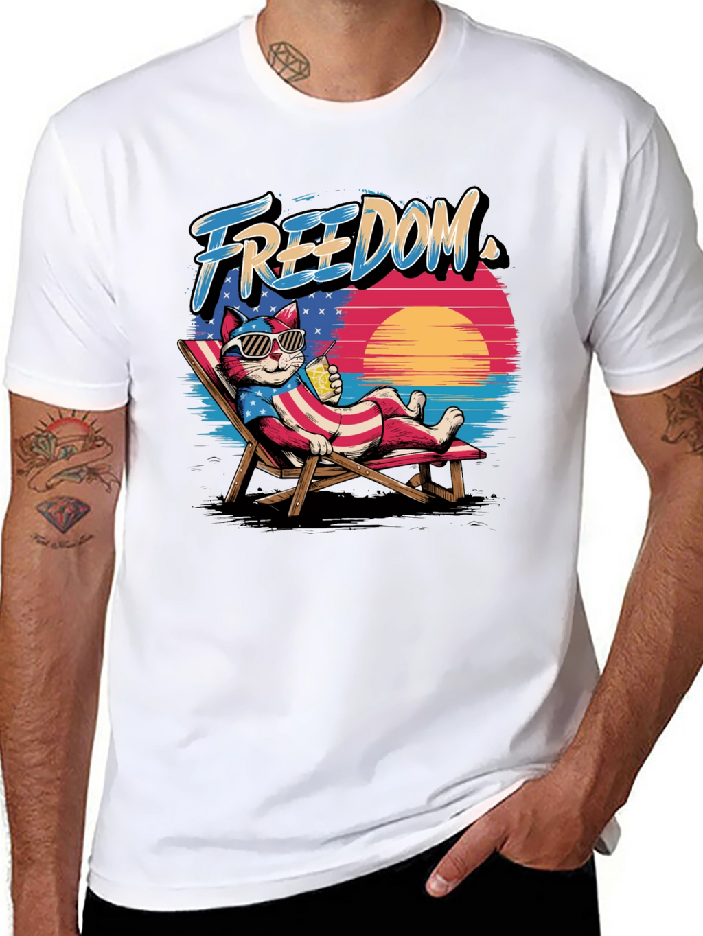 Freedom Cat T-Shirt: Patriotic Beach Vibes