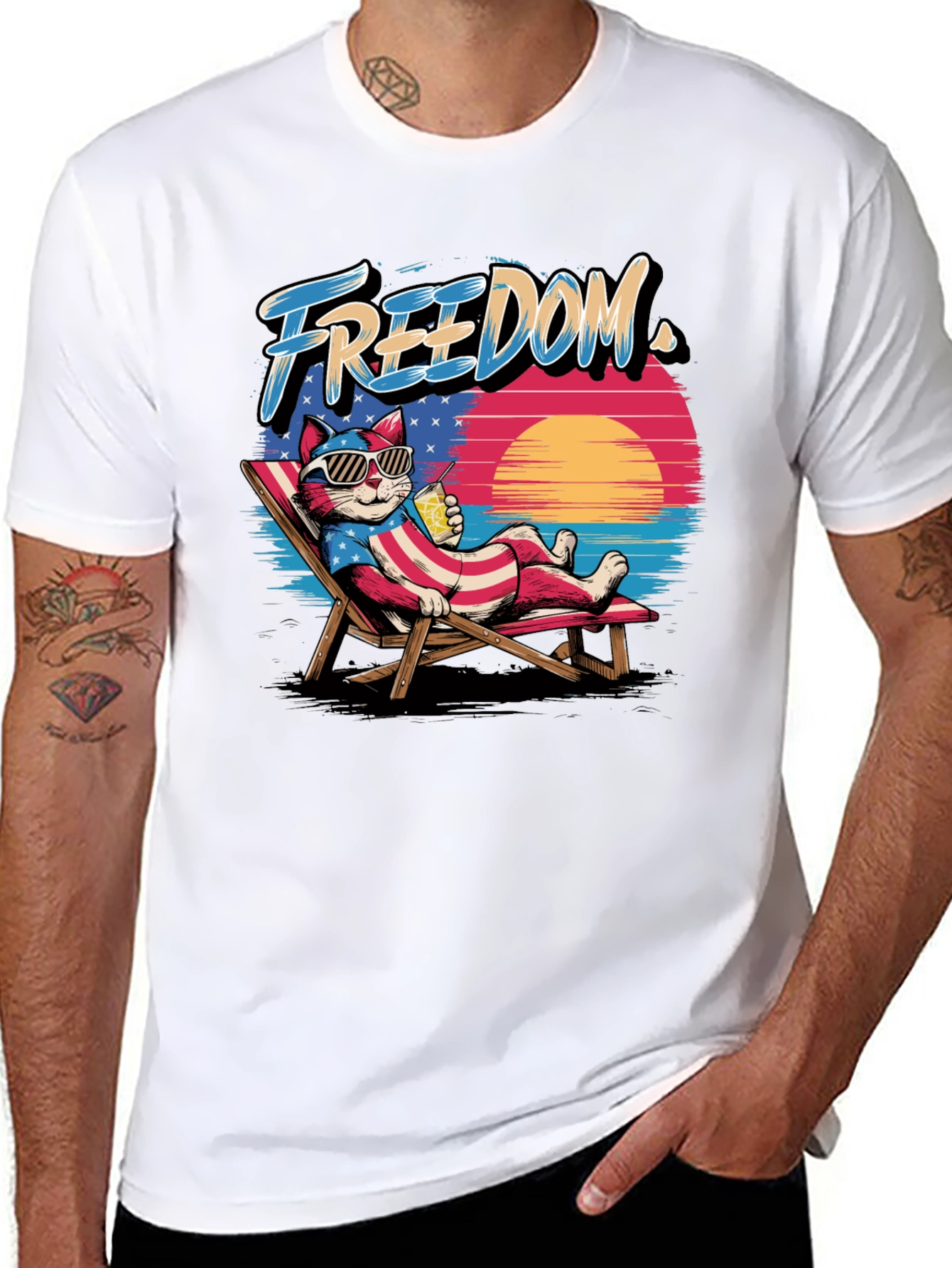 Freedom Cat T-Shirt: Patriotic Beach Vibes
