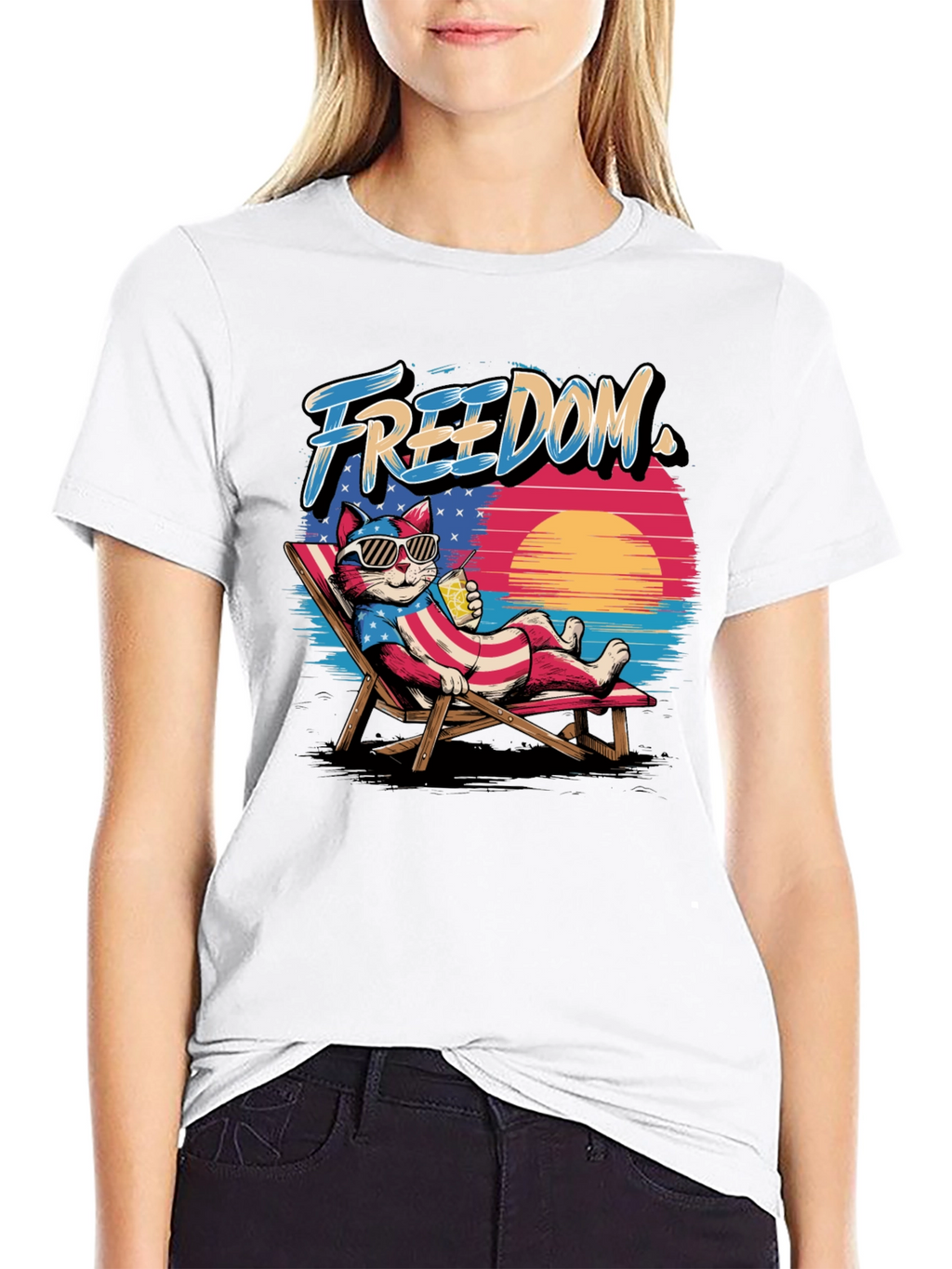 Freedom Cat T-Shirt: Patriotic Beach Vibes