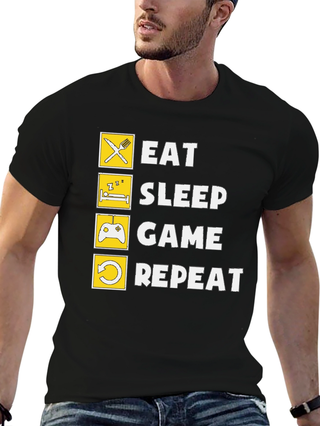Eat Sleep Game Repeat Black Graphic Tee