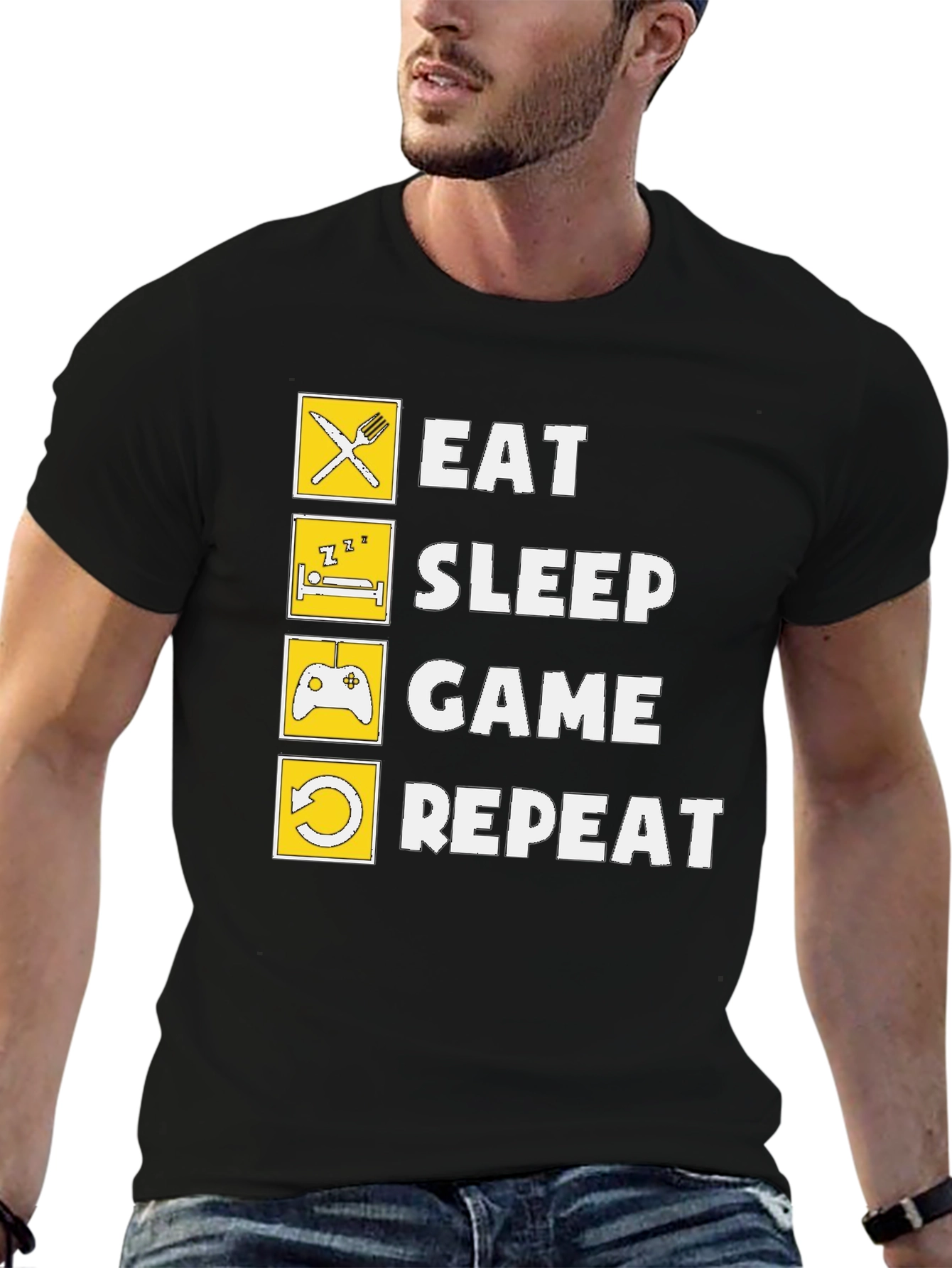 Eat Sleep Game Repeat Black Graphic Tee
