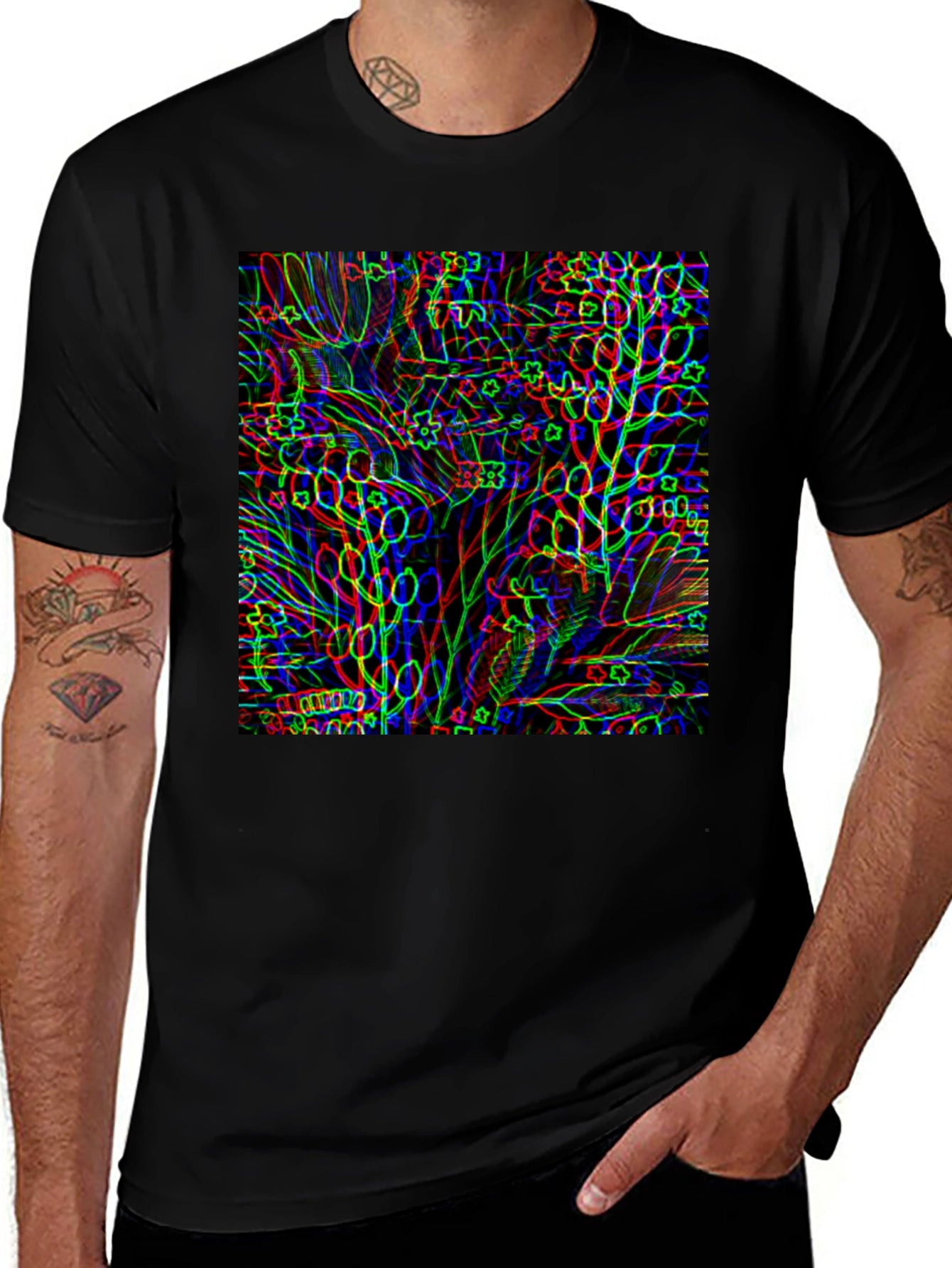Abstract Botanical Print Black T-Shirt