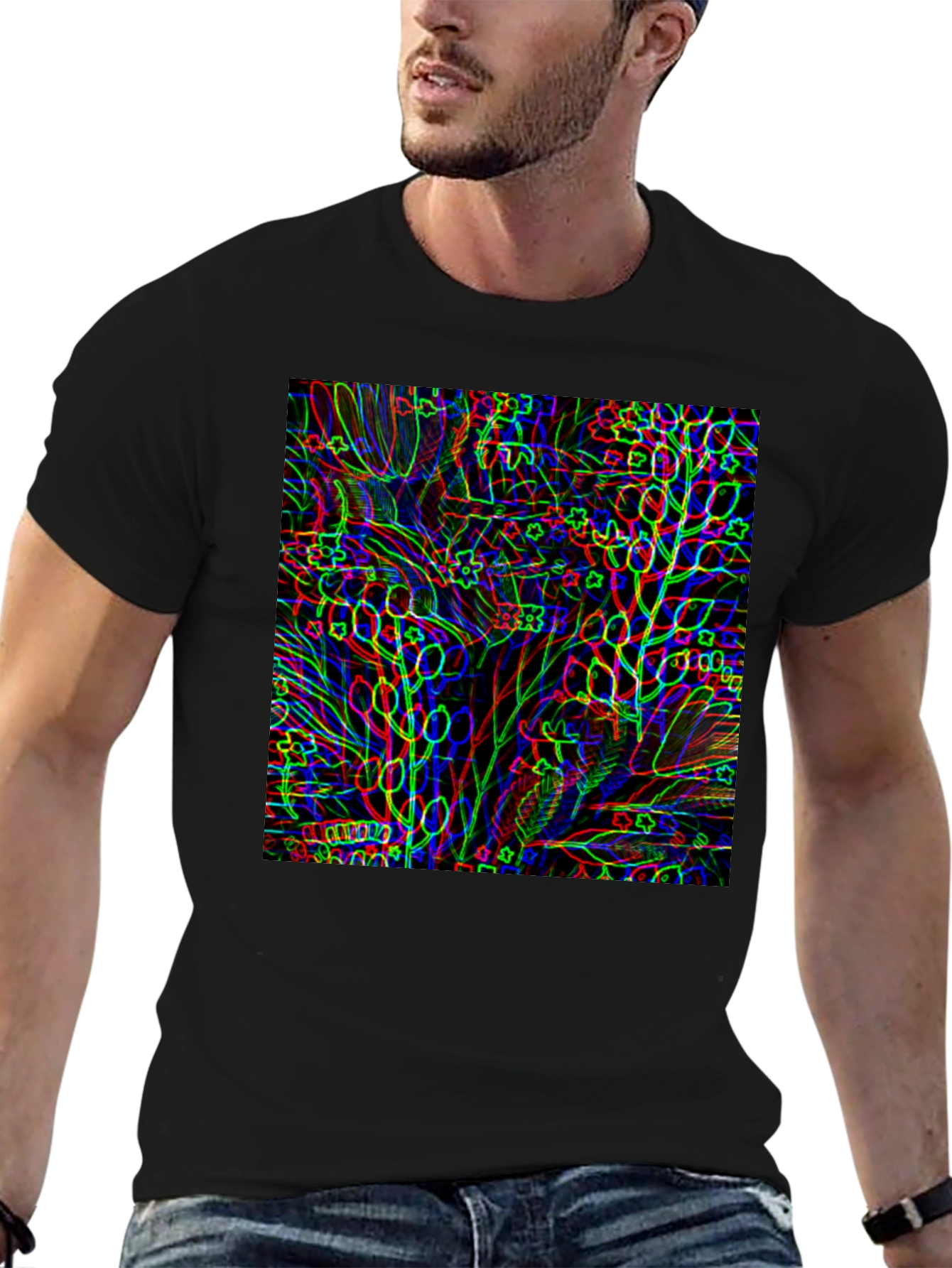 Abstract Botanical Print Black T-Shirt