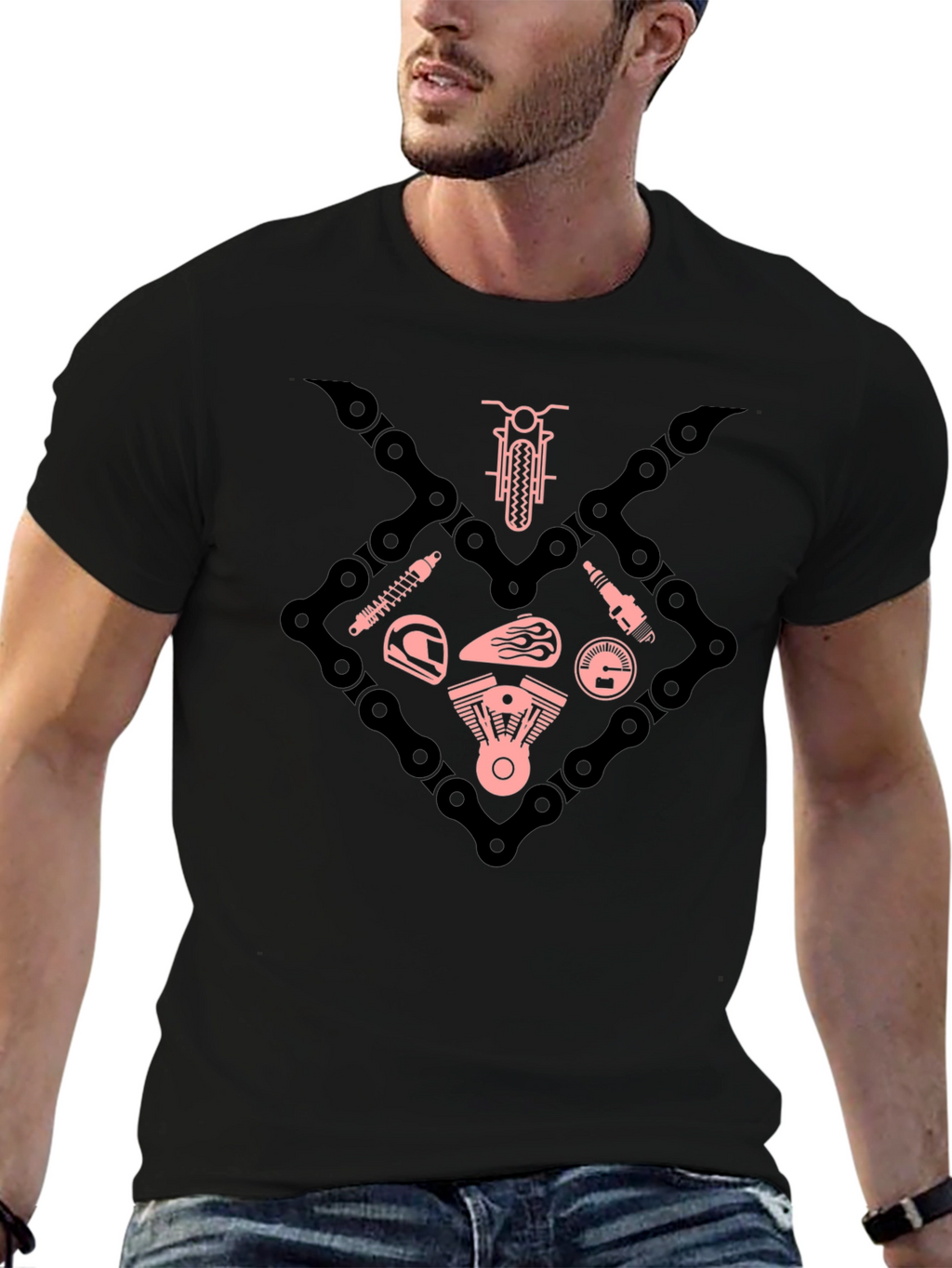 Motorcycle Chain & Parts Graphic Tee - Black