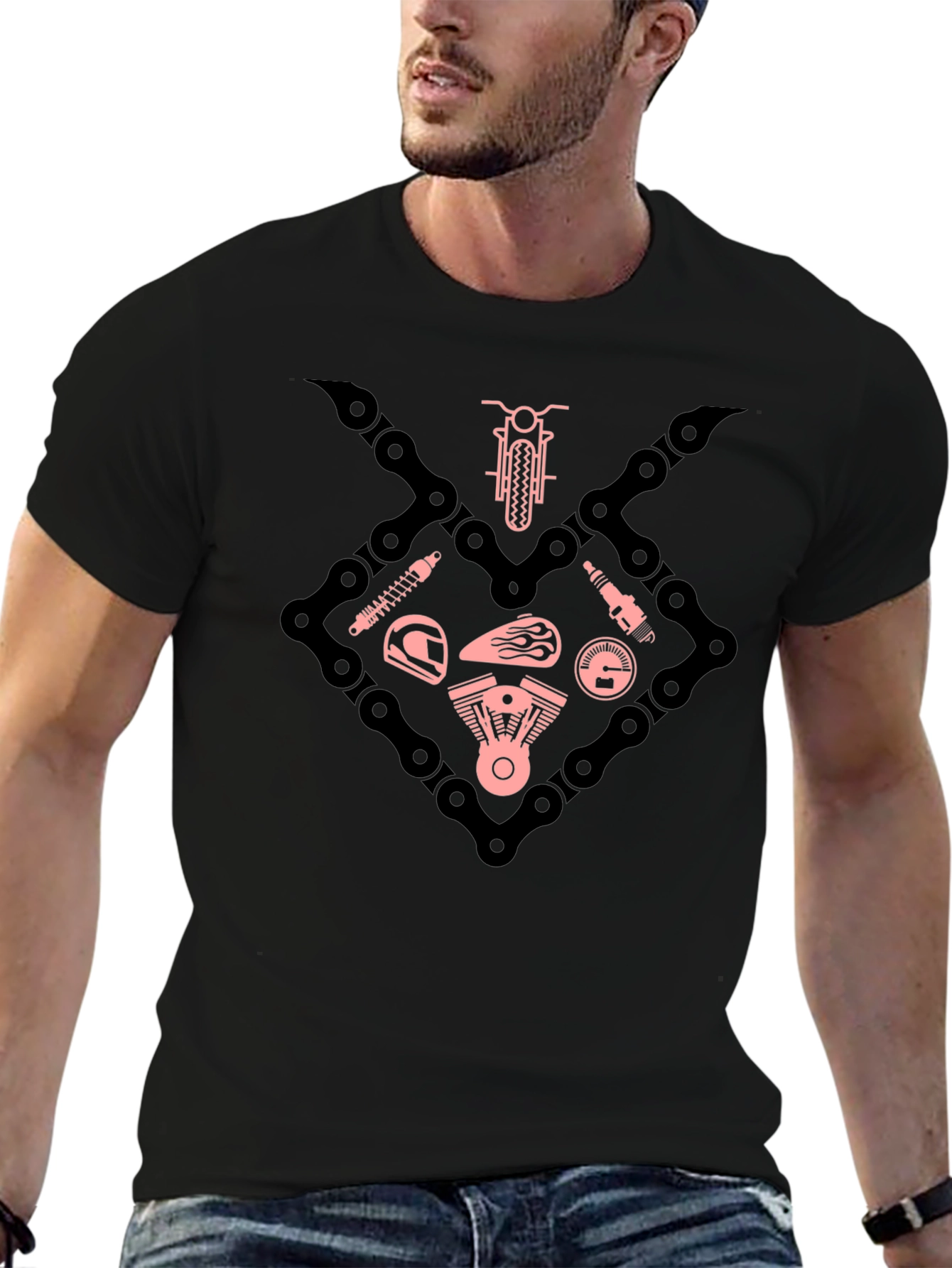 Motorcycle Chain & Parts Graphic Tee - Black