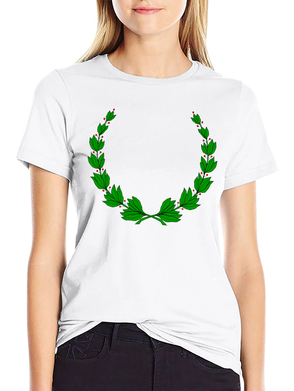 Classic Black T-Shirt with Green Laurel Wreath Design