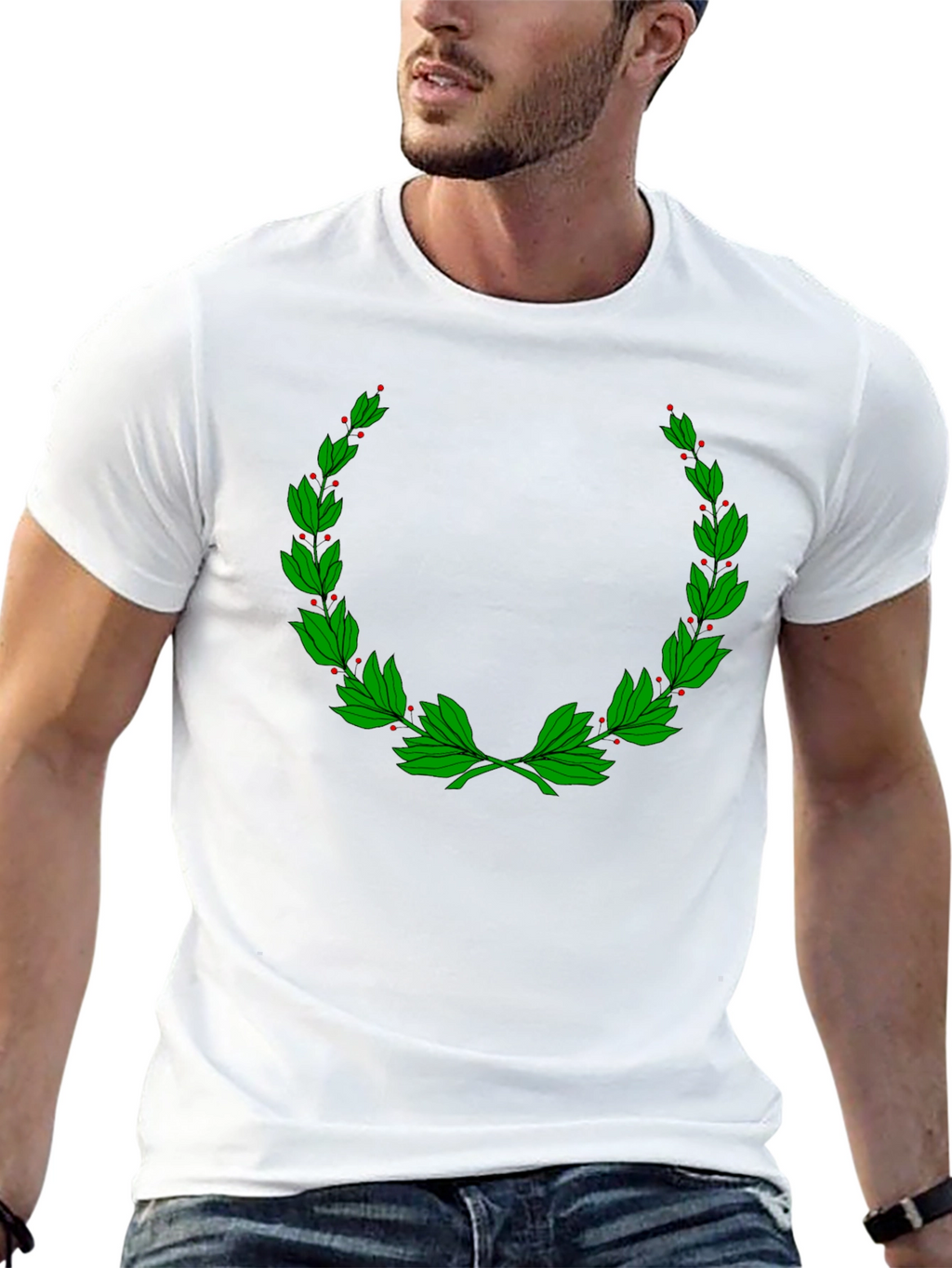 Classic Black T-Shirt with Green Laurel Wreath Design
