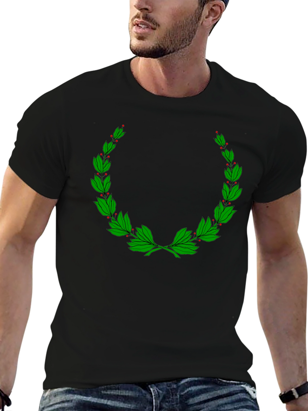 Classic Black T-Shirt with Green Laurel Wreath Design