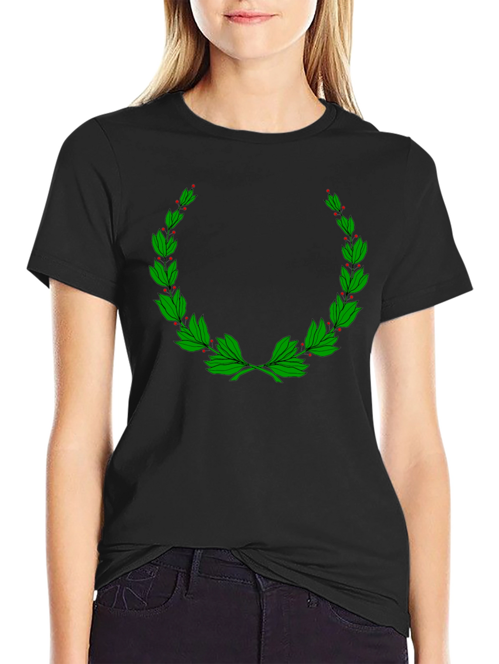 Classic Black T-Shirt with Green Laurel Wreath Design