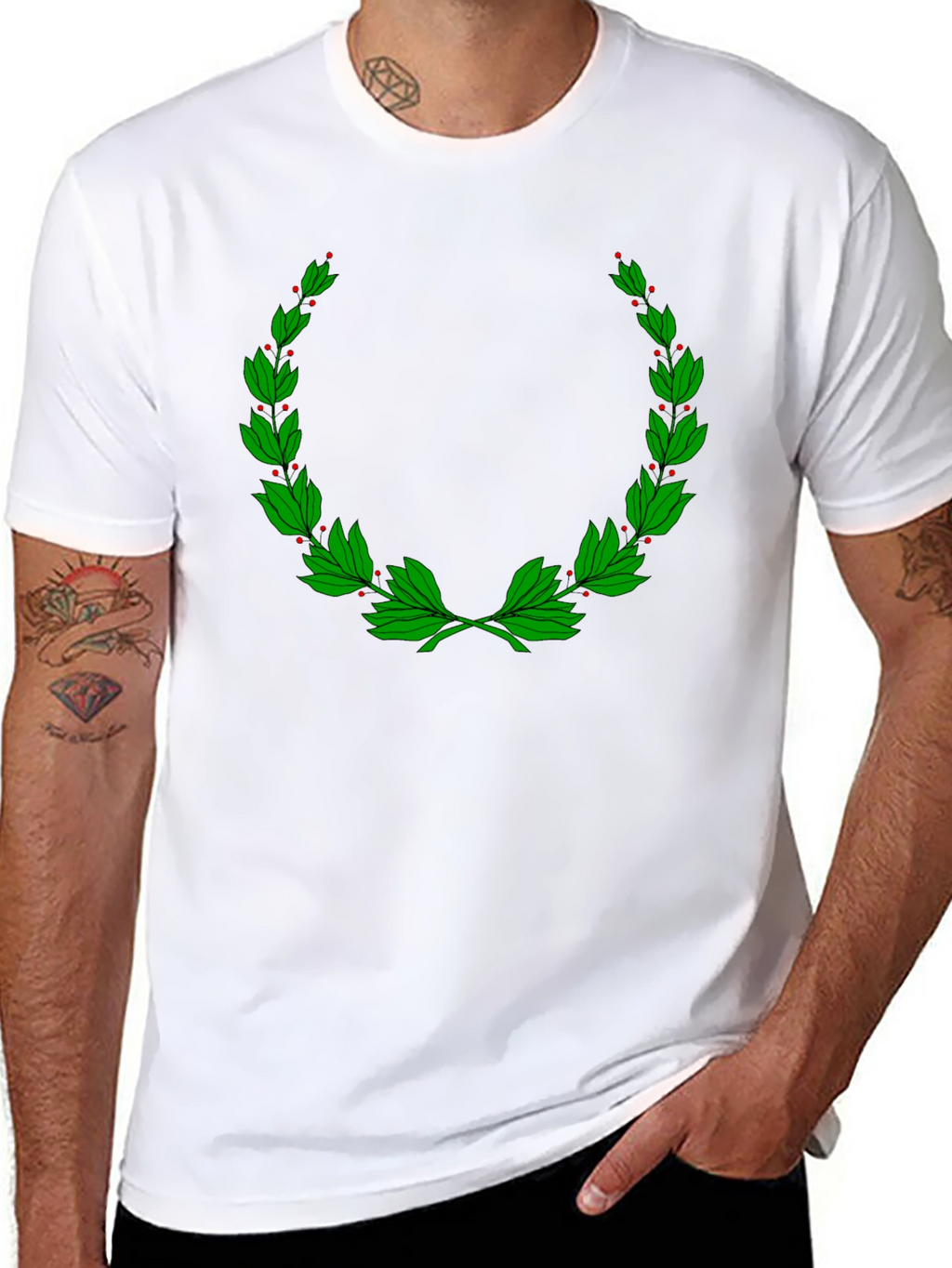 Classic Black T-Shirt with Green Laurel Wreath Design