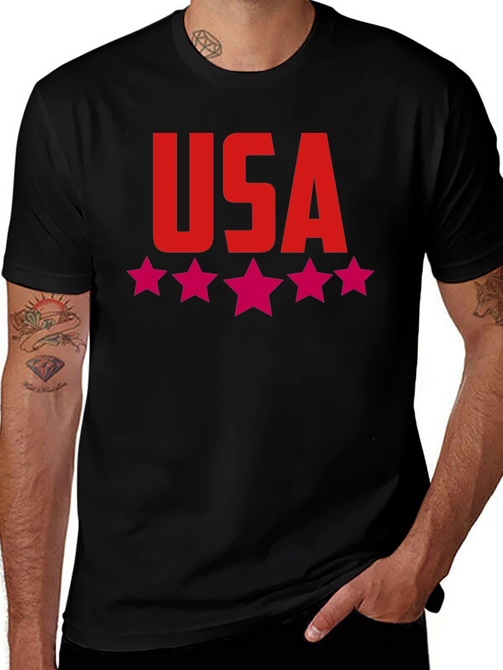 USA Stars Graphic Print Tee - Patriotic Black T-Shirt