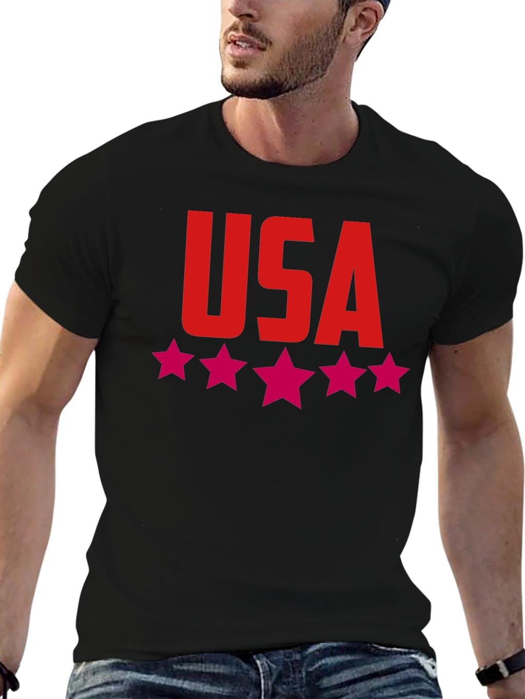 USA Stars Graphic Print Tee - Patriotic Black T-Shirt