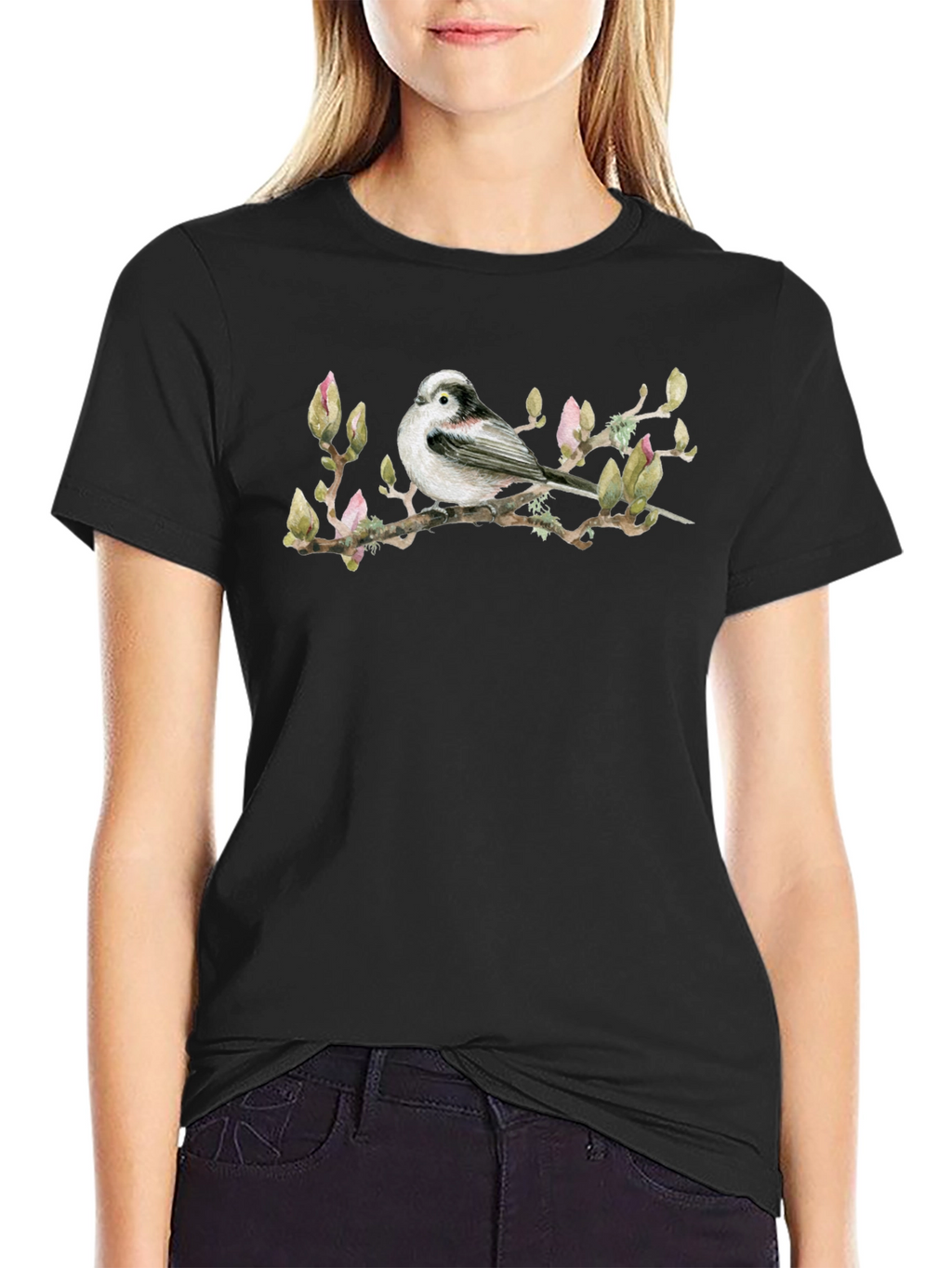 Bird on Branch Graphic Tee - Black Cotton T-Shirt