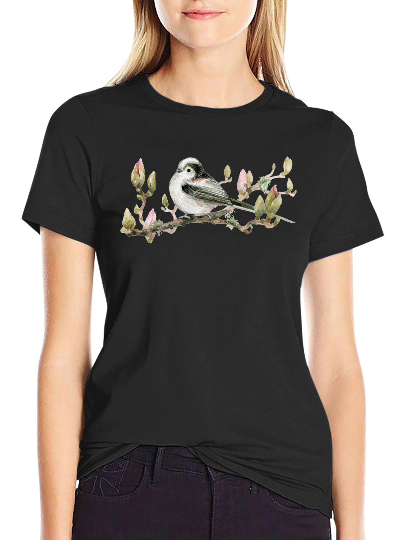 Bird on Branch Graphic Tee - Black Cotton T-Shirt