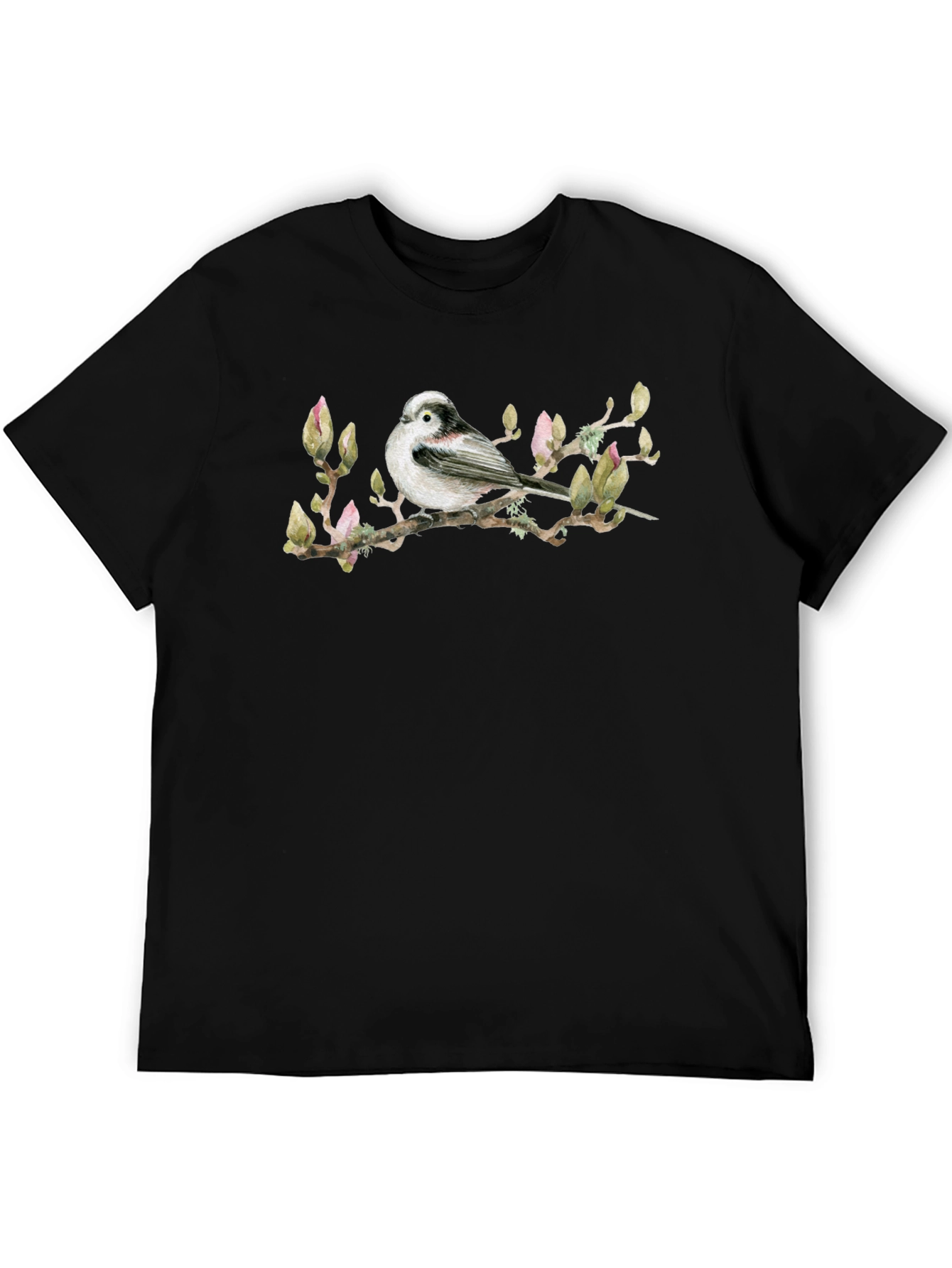 Bird on Branch Graphic Tee - Black Cotton T-Shirt