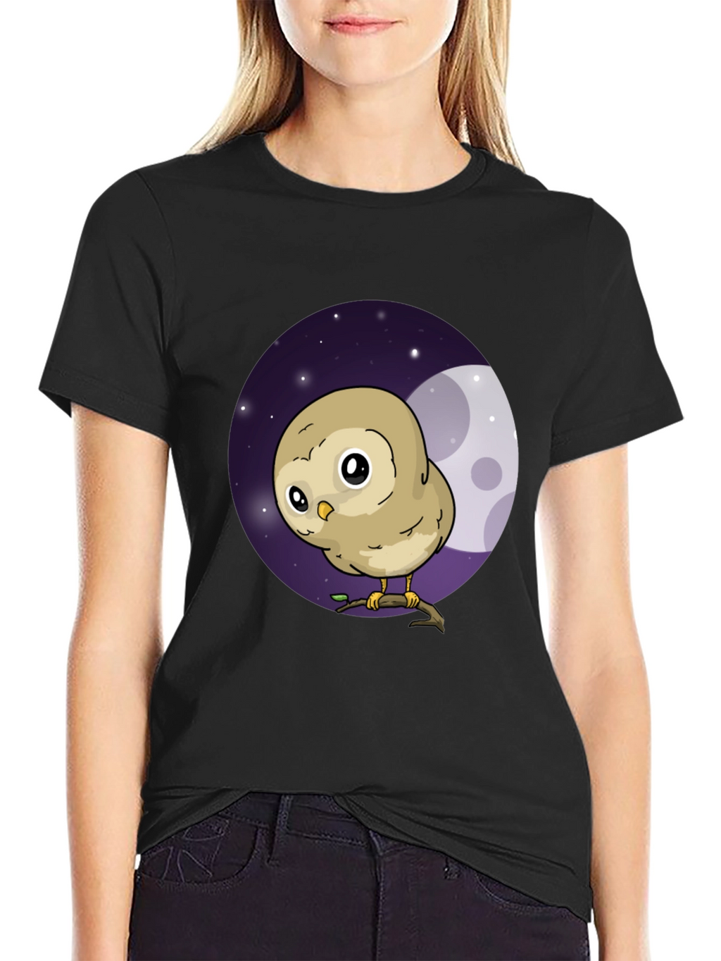 Cute Owl Moon Graphic Black T-Shirt