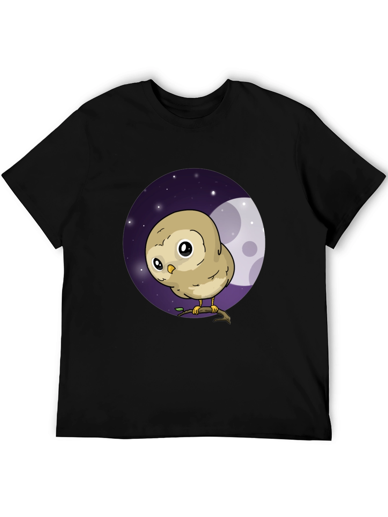 Cute Owl Moon Graphic Black T-Shirt