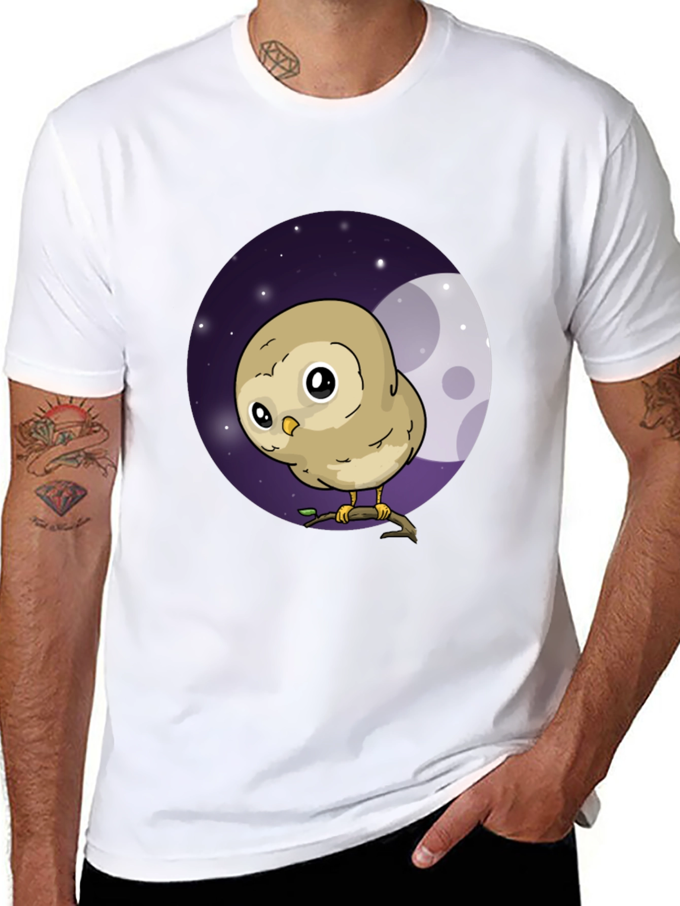 Cute Owl Moon Graphic Black T-Shirt