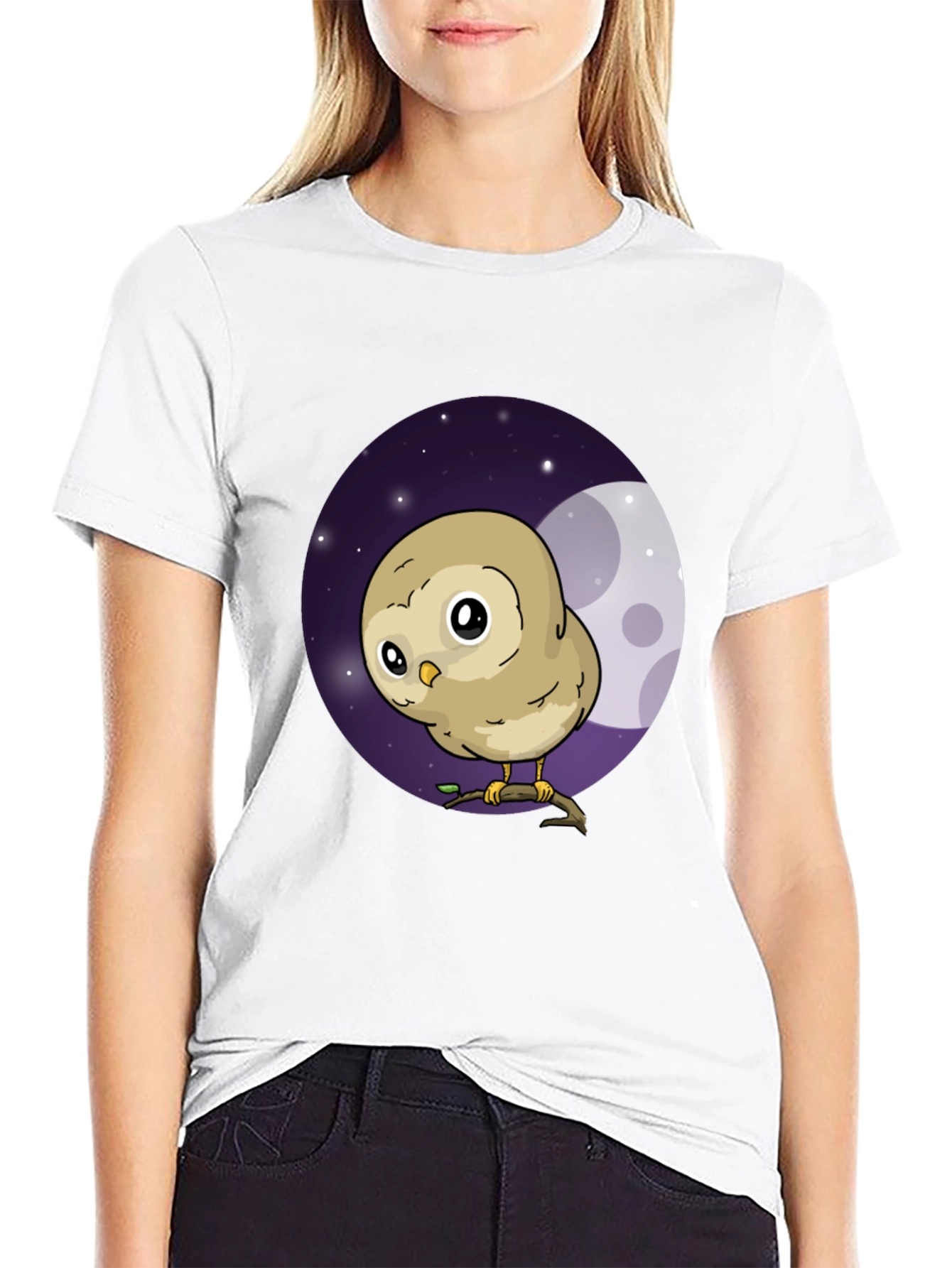 Cute Owl Moon Graphic Black T-Shirt