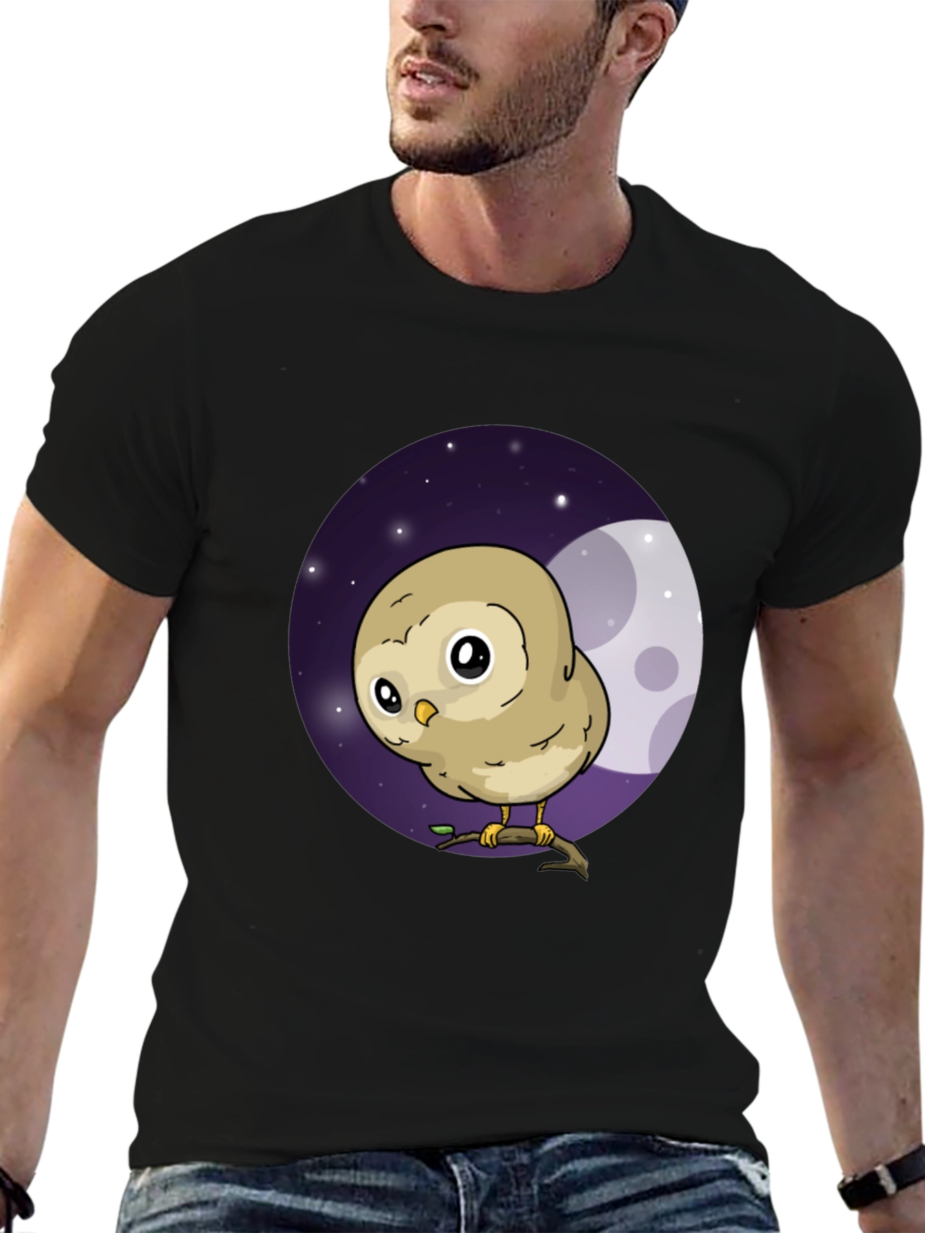 Cute Owl Moon Graphic Black T-Shirt