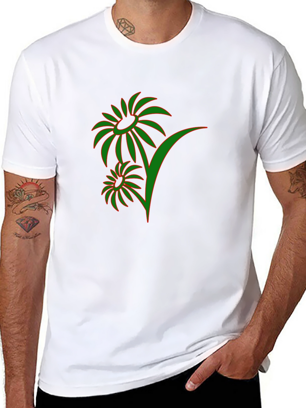 Mens Black T-Shirt with Green Floral Design