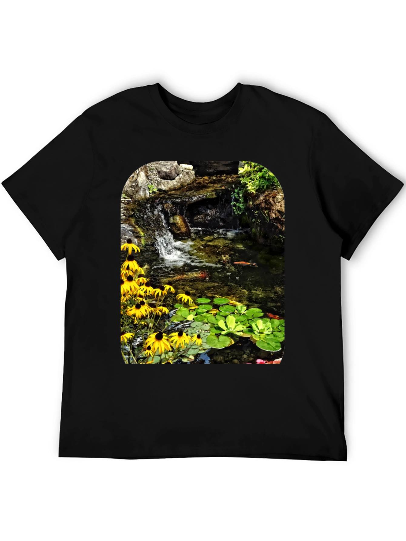 Koi Pond Waterfall Black T-Shirt