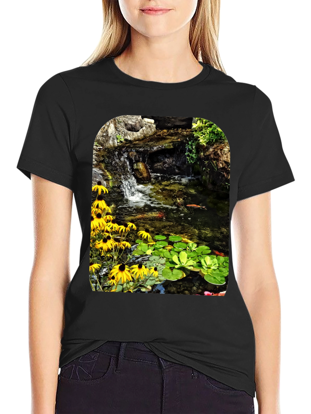 Koi Pond Waterfall Black T-Shirt