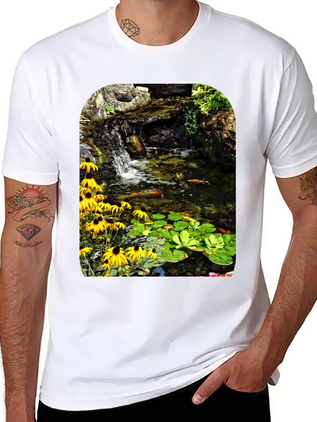 Koi Pond Waterfall Black T-Shirt