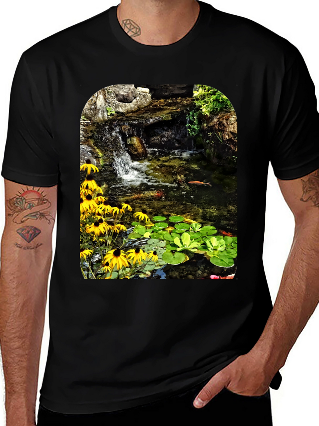 Koi Pond Waterfall Black T-Shirt