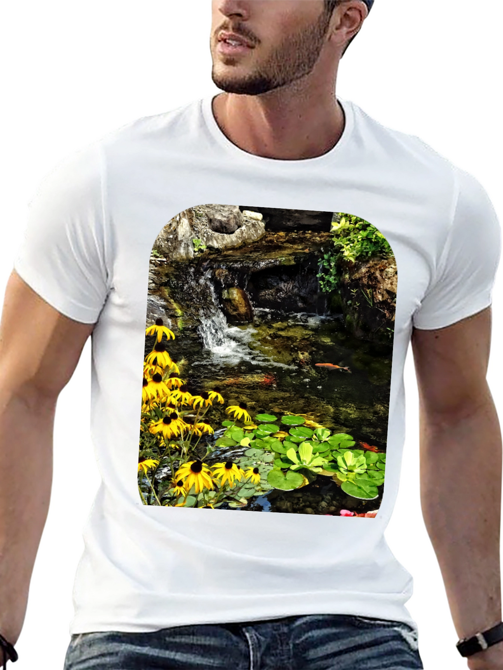 Koi Pond Waterfall Black T-Shirt