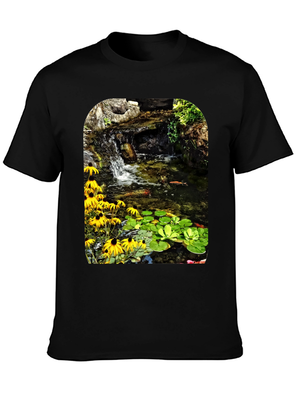 Koi Pond Waterfall Black T-Shirt